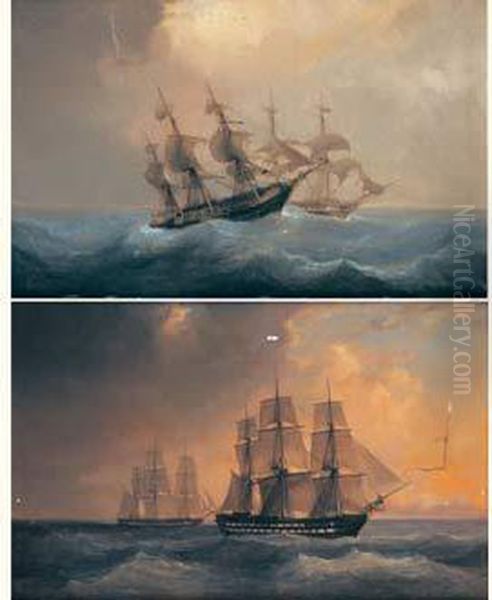 Navires Sur Une Mer Agitee Oil Painting by Lauvergne, Barthelemy