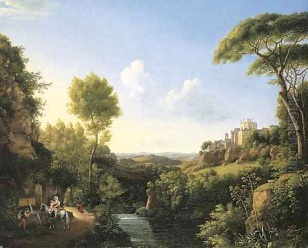 An Italianate landscape with travellers halting at a fountain, a castle beyond Oil Painting by Pierre-Athanase Chauvin