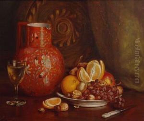 Still Life With Fruit, Nuts And Glasswear Oil Painting by August Laux