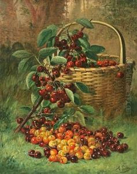 Still Life Of A Basket Of Cherries Oil Painting by August Laux