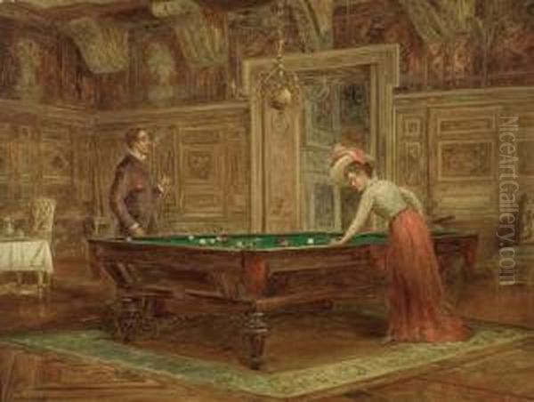 A Game Of Billiards Oil Painting by August Laux