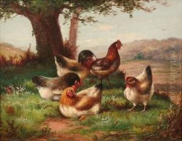 Five Hens Oil Painting by August Laux