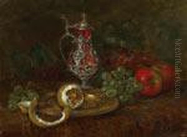 Still Life With Silver Pitcher And Fruit Oil Painting by August Laux