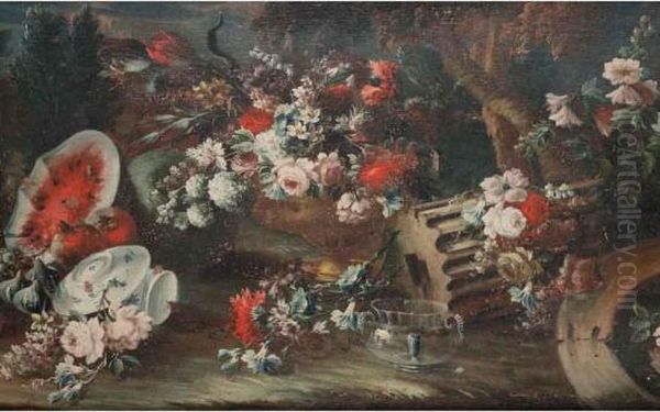 Natura Morta Con Vasi Fioriti, Frammenti Architettonici, Frutta, Pavone E Vasca Oil Painting by Giuseppe Lavagna