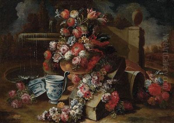 Jarron Con Flores Y Ceramica En Un Jardin Oil Painting by Giuseppe Lavagna