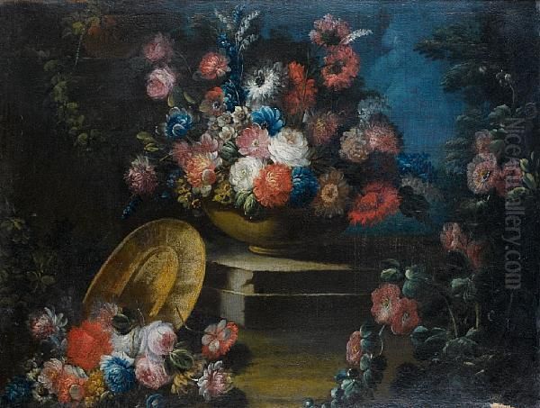 A Pewter Dish, Roses, Bluebells,
 Carnationsand Other Flowers In A Vase On A Stone Ledge In A Garden Oil Painting by Giuseppe Lavagna