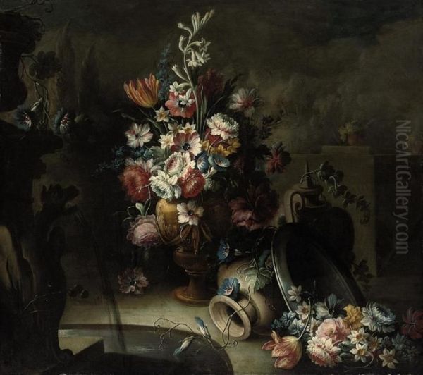 Roses, Tulips, Morning Glory, 
Narcissi And Other Flowers In Asculpted Urn, With Two Vases And A Plate 
With Flowers, Beside Afountain Oil Painting by Giuseppe Lavagna