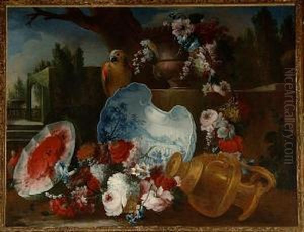 Roses, Convolvulus, Snowballs 
And Otherflowers In An Urn With A Parrot, A Park Landscape In The 
Distance Oil Painting by Giuseppe Lavagna