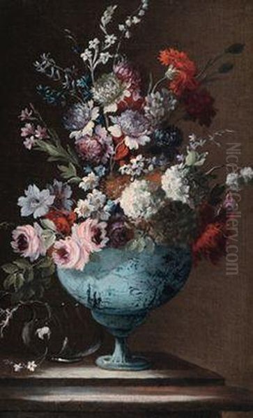 Ein Paar Blumenstillleben In Blau Bemalten Majolikavasen Oil Painting by Giuseppe Lavagna