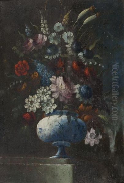 Bouquet De Fleurs Dans Un Vase Sur Un Entablement Oil Painting by Giuseppe Lavagna