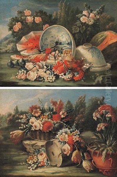 Fiori, Frutti E Vasellame Oil Painting by Giuseppe Lavagna