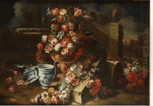 Jarron De Flores Con Guirnaldas Junto A Una Fuente En Un Jardin Oil Painting by Giuseppe Lavagna