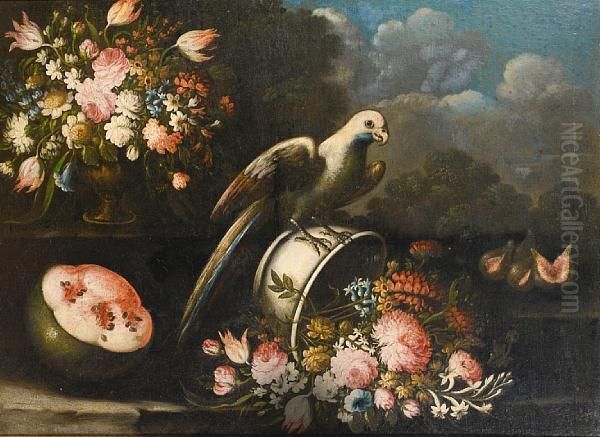 A Parrot On An Upturned Bowl 
Filled With Roses, Tulips, And Other Flowers, A Bronze Urn On A Stone 
Ledge With Figs And A Watermelon In A Landscape Oil Painting by Giuseppe Lavagna