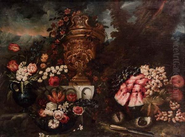 Natura Morta Di Fiori E Frutta All'aria Aperta Oil Painting by Giuseppe Lavagna