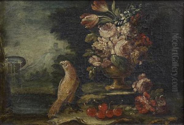 Nature Morte Aux Bouquet De Fleurs Et Oiseau Devant Unefontaine Oil Painting by Giuseppe Lavagna