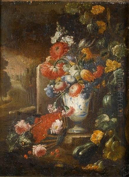 Roses, Carnations, Poppies And 
Other Flowersin A Blue And White Vase, On A Stone Ledge, A 
Landscapebeyond Oil Painting by Giuseppe Lavagna