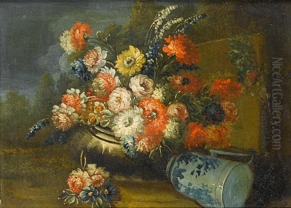 Roses, Chrysanthemums, Daffodils
 And Otherflowers In A Stone Urn And A Dish In A Landscape; And 
Roses,carnations, Lily Of The Valley And Other Flowers In An Urn And 
Ajug In A Landscape Oil Painting by Giuseppe Lavagna