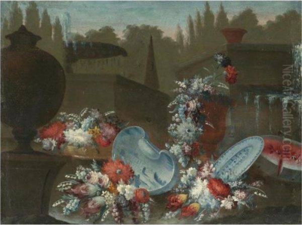 A Still Life With Bouquets Of 
Various Flowers Together With Porcelain Bowls And A Water Melon Beside A
 Fountain In A Parkland Setting Oil Painting by Giuseppe Lavagna