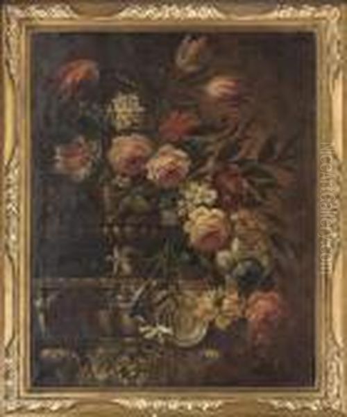 Parrot Tulips, Roses And Morning
 Glory In A Vase On A Plinth; And Chrysanthemum, Parrot Tulip, Roses And
 Hydrangea In A Vase On On A Plinth Oil Painting by Giuseppe Lavagna