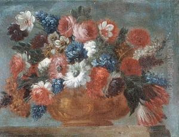 Chrysanthemums, Tulips, Narcisi 
And Other Flowers In A Bronze Urn On A Table-top; And Delphiniums, 
Tulips, Roses, Chrysanthemums And Other Flowers In A Bronze Urn On A 
Table Top Oil Painting by Giuseppe Lavagna