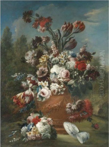 Still Life With Tulips Roses 
Daffodils, Narcissi, Morning Glory, Carnations And Other Flowers In A 
Terracotta Urn With A Porcelain Bowl And Cup In A Landscape Oil Painting by Giuseppe Lavagna