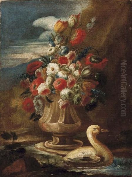 Vaso Di Fiori Con Anatra Oil Painting by Giuseppe Lavagna