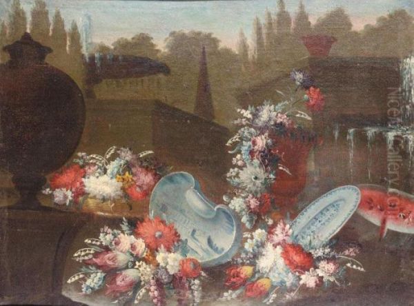 Still Life With Bouquets Of 
Various Flowers Together With Procelain Bowls And A Water Melon Beside A
 Fountain In A Parkland Setting Oil Painting by Giuseppe Lavagna