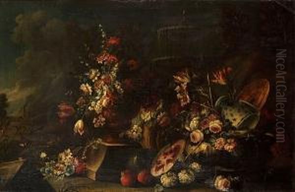 Carnations, Tulips, Peonies And 
Other Flowers In An Urn With Other Flowers , A Melon, Pomegranates And A
 Blue And White Pottery Vase Before A Fountain In A Landscape Oil Painting by Giuseppe Lavagna