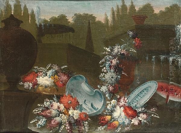 Mixed Flowers With Blue And 
White Bowls And Dishes And A Watermelon Before A Fountain And Urns In A 
Garden Oil Painting by Giuseppe Lavagna