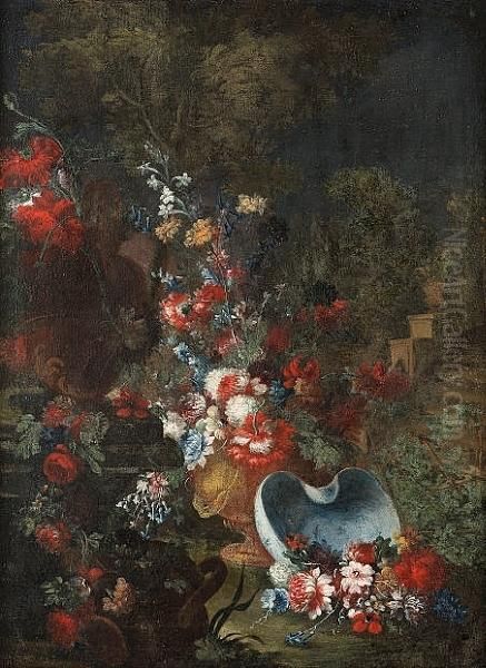 Carnations, Peonies, Cornflowers
 And Other Flowers In A Vase With A Blue And White Porcelain Basin And 
An Urn Decorated With A Swag Of Flowers In A Garden Oil Painting by Giuseppe Lavagna