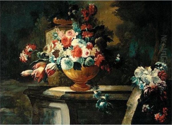 Still Life With Various Flowers In Bronze Urn, On A Stone Ledge In An Ornamental Garden Oil Painting by Giuseppe Lavagna