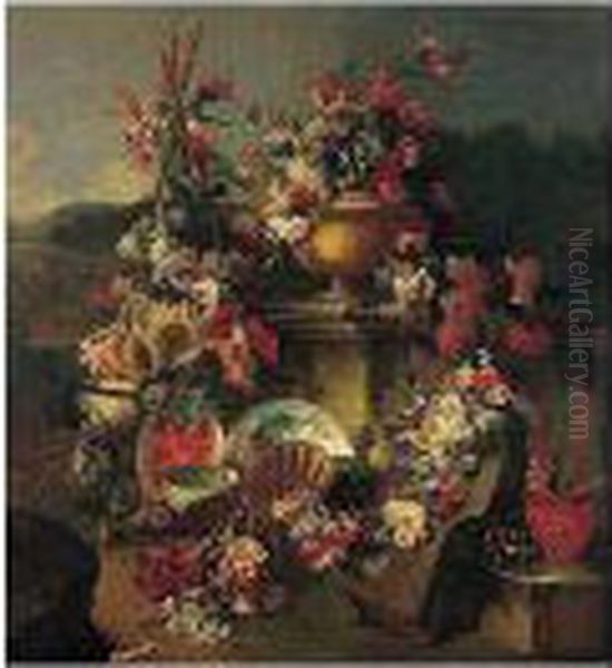 A Still Life Of Flowers In An 
Urn With Flower Garlands Draped On A Stone Pedestal And Surrounded By 
Flowers And Fruit, Including Sunflowers, Cherries, Figs And Watermelons,
 Together With Porcelain, Terracotta, Glass And Silver Plates And Bowls,
 In Oil Painting by Giuseppe Lavagna