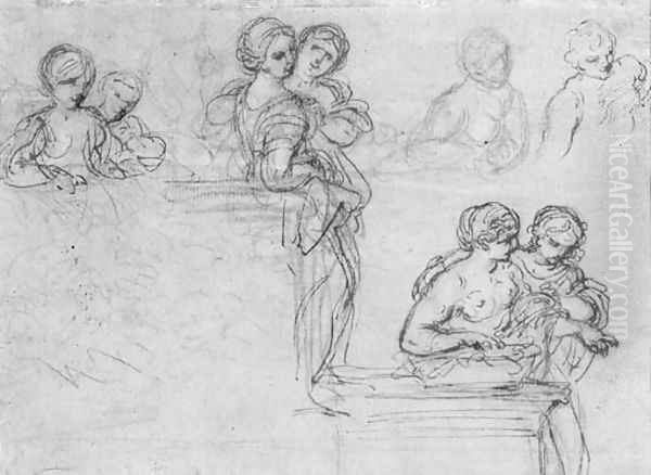 Studies of half-length figures leaning on plinths Oil Painting by Pietro Da Cortona (Barrettini)