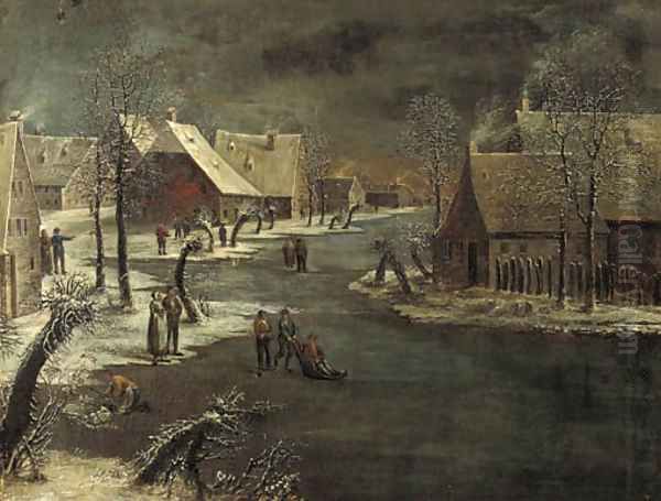 A winterlandscape with skaters on a frozen waterway in a village Oil Painting by Jan Van De Capelle