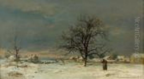 Winterliche Feldlandschaft Am Abend. Oil Painting by Eugene Antoine Samuel Lavieille