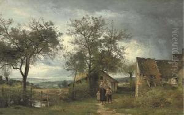 A Family Gathering Before A Country Cottage Oil Painting by Eugene Antoine Samuel Lavieille