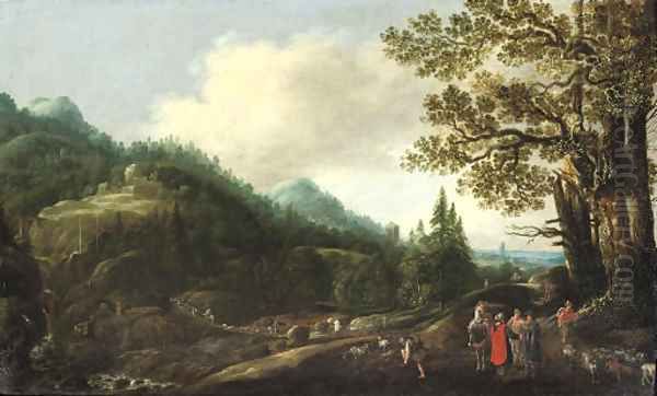 An extensive wooded landscape with the Reconcilliation of Jacob and Laban Oil Painting by Joachim Govertsz. Camphuysen