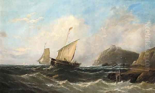 Fishermen hauling in their nets off a rocky headline with a ruined castle Oil Painting by John Callow