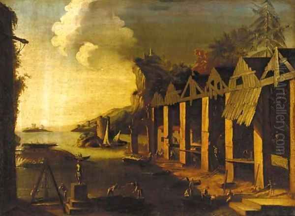 An Italianate landscape with a shipyard Oil Painting by Leonardo Coccorante