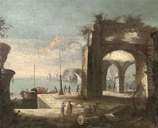 A Mediterranean harbour with shipping and figures on the quay Oil Painting by Leonardo Coccorante