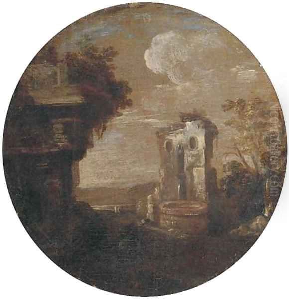 A capriccio of classical ruins with a fountain Oil Painting by Leonardo Coccorante