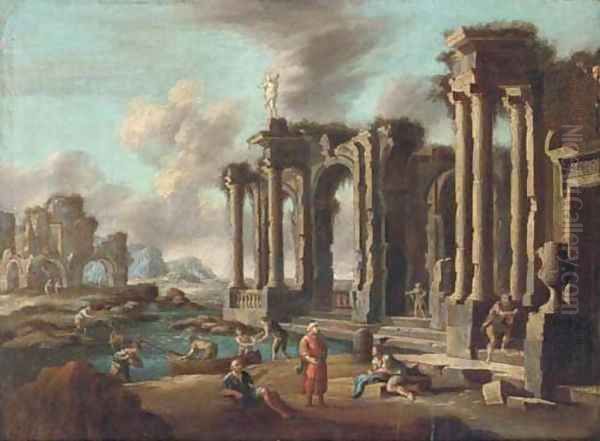 A capriccio of Roman ruins with travellers Oil Painting by Leonardo Corrorante