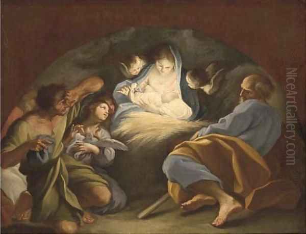 The Adoration of the Shepherds, in a feigned arch Oil Painting by Sebastiano Conca