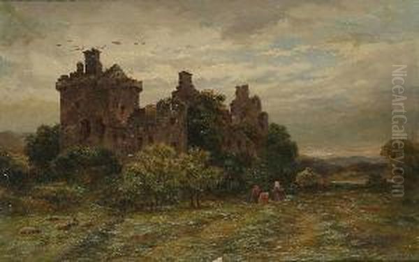 Haymakers By A Ruined Castle Oil Painting by David Law