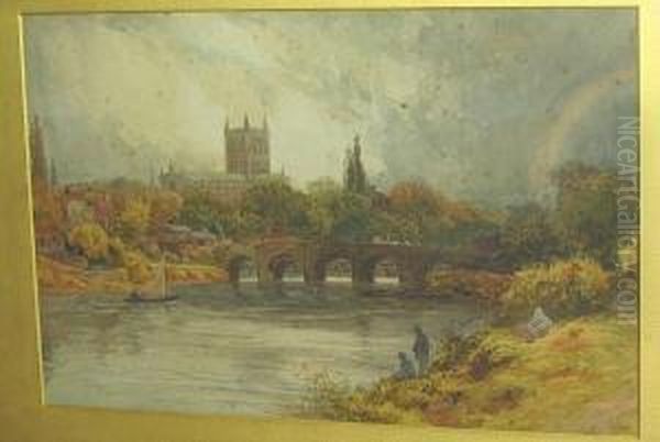 'hereford' - River Landscape With Anglers On A Bank, The Cathedral Visible Beyond Oil Painting by David Law