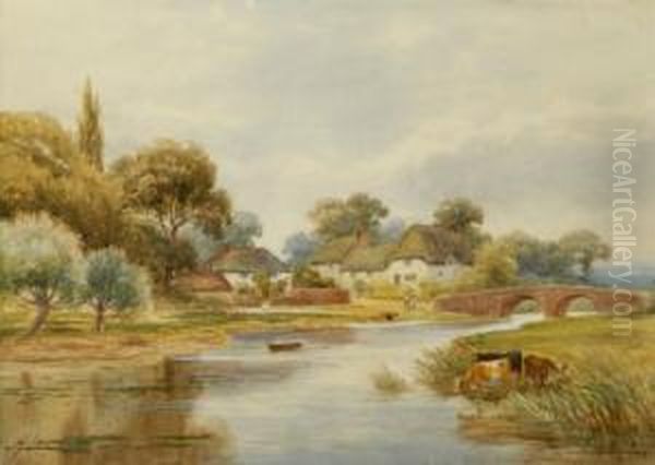 A Landscape With Cattle Drinking
 To Theforeground And A Bridge And Village In The Background Oil Painting by Harold Lawes