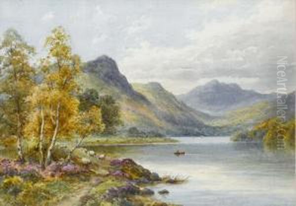 Highland Landscape Withfigure In Boat On Lake In Foreground Oil Painting by Harold Lawes