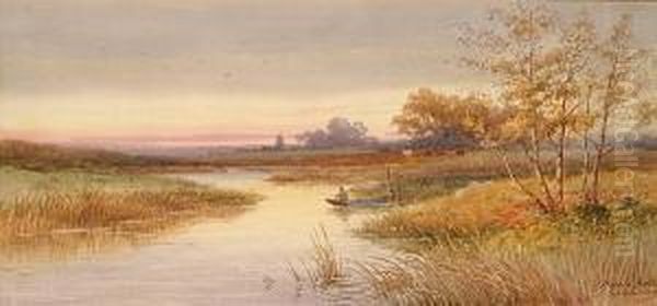 Fishing By The Arun, Sussex Oil Painting by Harold Lawes