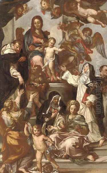 The Madonna of the Rosary with Saint Catherine of Siena, Saint Dominic and members of the Dominican Order Oil Painting by Sebastiano Conca