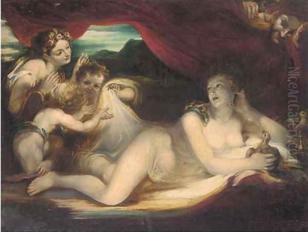 Venus reclining on a couch with cherubs and a nymph, a satyr looking on Oil Painting by Valerio Castello